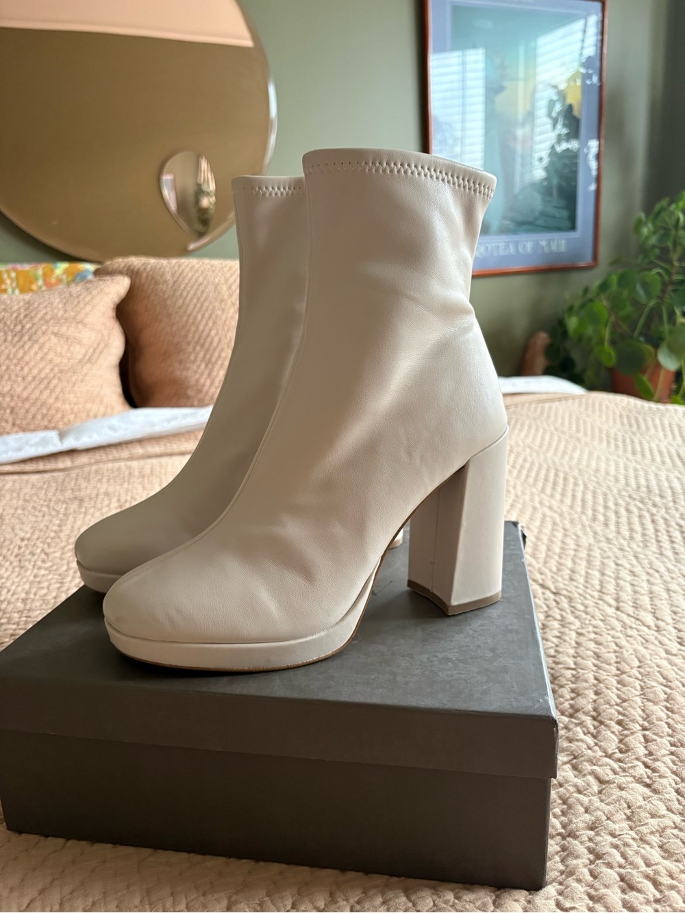 Steve Madden Women’s Macayla Beige Faux Leather Ankle Boots